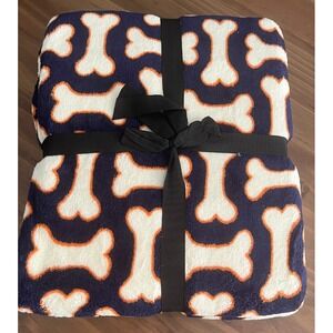 PB Paws & Co. Dog Treats Throw Blanket 50x60 Fleece Navy White Orange Bones Soft